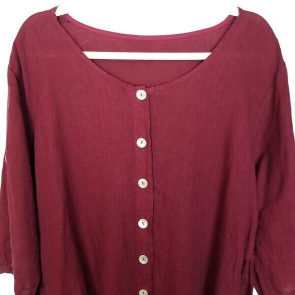 100% Linen Blouse Women L/XL Red Lagenlook Resort Coastal Euro Summer Travel - Picture 2 of 8